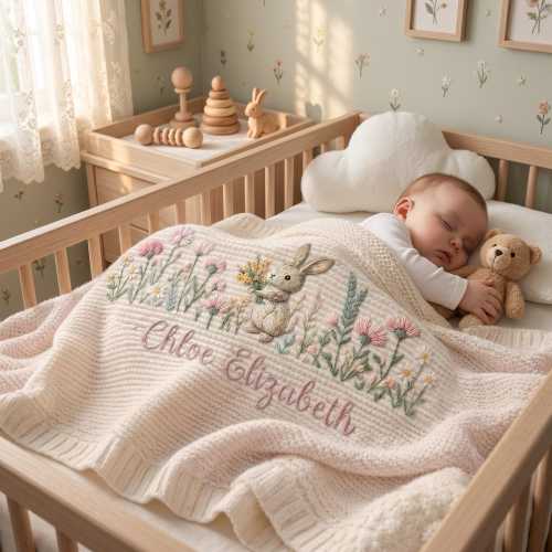 Personalized Bunny Baby Embroidered Blanket, Floral Baby Girl Blanket, Custom Rabbit Blanket, Welcome Baby Nursery Keepsake, Newborn Gift