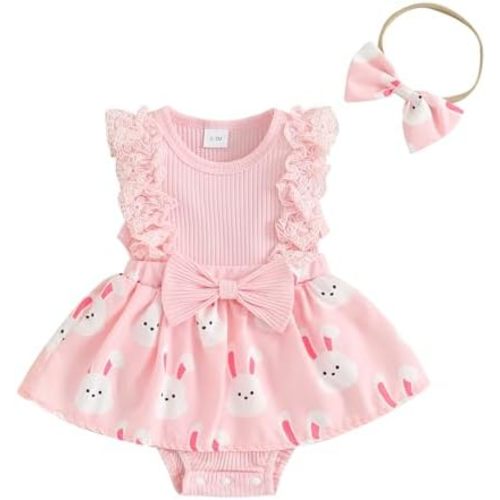 Madjtlqy Baby Girl Easter Outfit Ruffles Sleeve Bunny Carrot Printed Romper Dress with Headband Summer Clothes