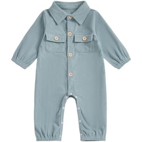 Karuedoo Newborn Baby Boy Girl Clothes Corduroy Long Sleeve Button Up Romper Jumpsuit Collared Bodysuit Fall Winter Outfit