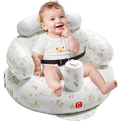 QPAU Inflatable Baby Seat with Safety Harness for Babies 3 Months & Up, Baby Floor Seats for Sitting Up, Baby Seats for Infants, Blow Up Baby Chair with Built in Air Pump (Flowers)