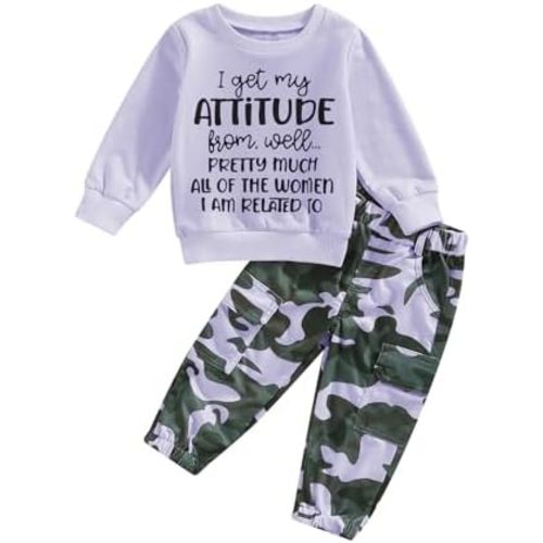 WZTYYDS Toddler Girls Clothes 2T 3T 4T 5T Kids Fall Winter Outfits Letter Sweatshirt Pullover Tops Camouflage Pants Set