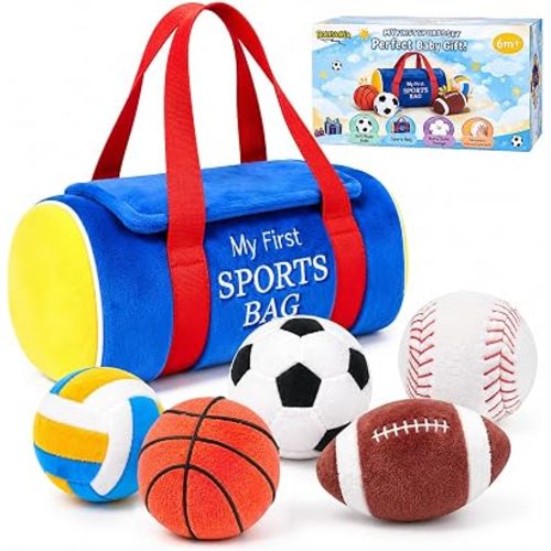 My First Sports Bag Plush, Baby Sports Toys Set with 5 Sensory Balls (Crinkle, Rattle, Squeaky Sounds), Soft Infant Toys 6-12 Months, 1st Birthday Gift for Boys Girls 1 Year Old