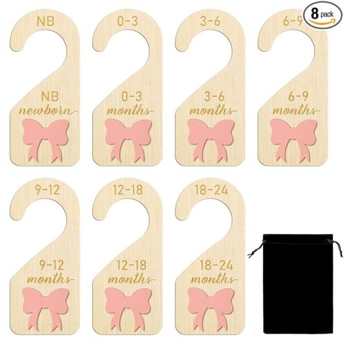 R HORSE Wooden Baby Closet Dividers - 8Pcs 3D Coquette Pink Bow Baby Closet Organizer Double-Sided Newborn Clothes Size Hanger Dividers Nursery Birthday Gift for Boy Girl (0-24 Months)