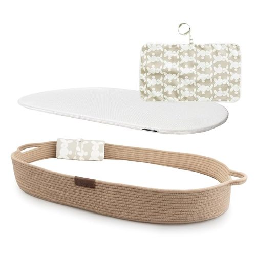 Deluxe Baby Changing Basket with Extra Travel Diaper pad, Foldable Baby Changing Pad with Water Repellent Cover, Cotton Rope Baby Basket, Changing Table Topper for Dresser (Brown)