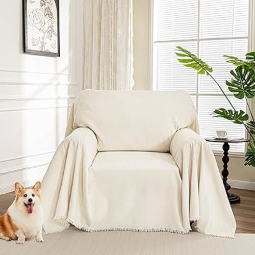 MYSKY HOME Oversized Chair Cover, Armchair Couch Cover for 1 Cushion, Washable Recliner Covers Sofa Protector with Tassel, Beige, 71"X91"