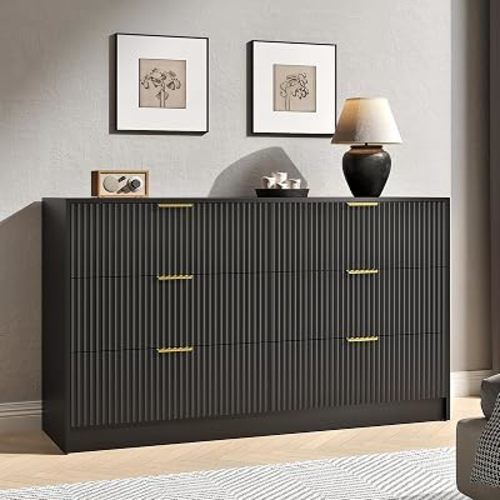 Black Dresser with 6 Drawer 55" Wide Fluted Dresser for Bedroom丨Modern Chest of Drawer with Metal Handles, Wood TV Stand for Bedroom, Living Room, Entryway, Hallway, Black