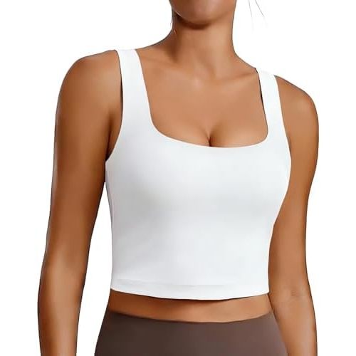 PINSPARK Sports Bra for Women Square Neck Longline Tank Top with Built in Bra