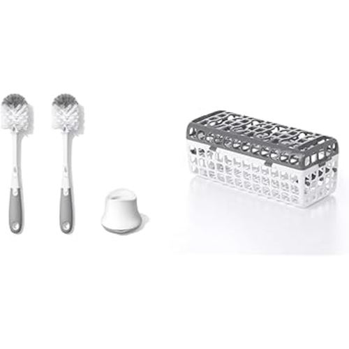 OXO Tot Bottle Brush and Dishwasher Basket Set for Baby Feeding Parts - 2-Pack