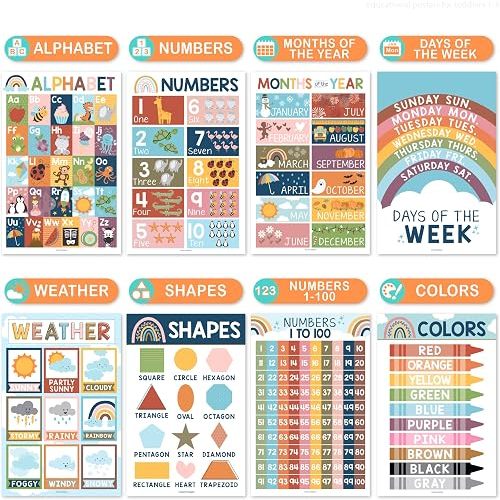 Hadley Designs 16 Educational Posters for Classroom Decor - Boho Educational Posters for Toddlers 1-3, Toddler Learning Posters for Kids Ages 3-5, Kindergarten & Preschool Classroom Must Haves