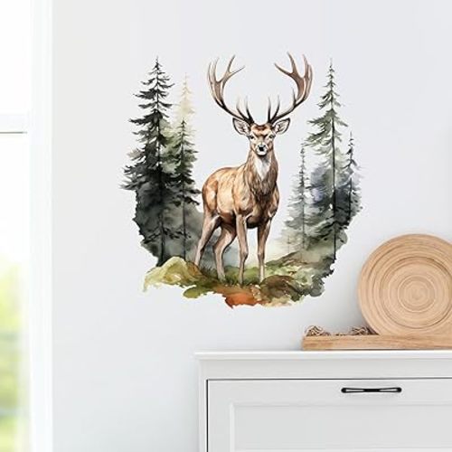 Stag Deer with Evergreen Pines Wall Stickers Nursery Animal Wall Decals for Kid Removable Peel and Stick Wall Art Home Decor Decoration for Classroom Preschool Living Room Bedroom Bathroom