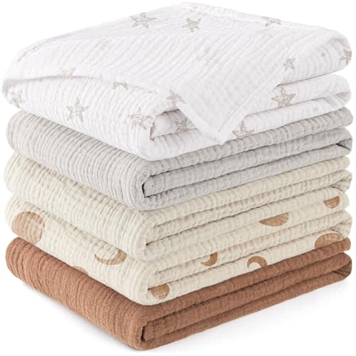 Susurration Muslin Burp Cloths for Infant Boy Girl 5 Pack, 100% Cotton Burping Cloths for Babies Burp Rags 23.6 * 23.6 inch, Baby Essentials Gifts-White