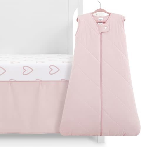 Evolur Baby Pink and Heart Print 3 Piece Mini Crib Bedding Set, Machine Washable, Soft and Breathable Toddler Bedding Set, Includes Fitted Sheet, Comfortor and Crib Skirt