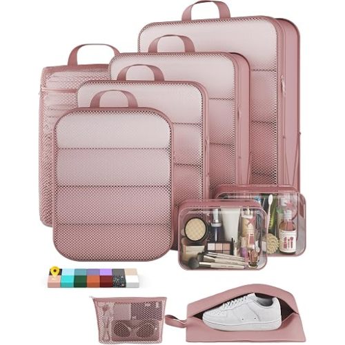 Veken 9/11 Set Compression Packing Cubes for Travel Essentials,Compressible Expandable Large Luggage Suitcase Organizer Bags for Clothing,Space Saver Bags with Over 1000 pcs of Mesh Holes(Light Coral)