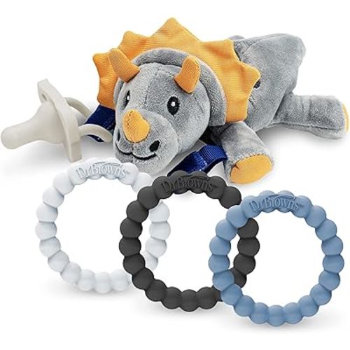 Dr. Brown's Baby Lovey Pacifier Holder & Teether Clip with Teal HappyPaci and Three Flexees Beaded Teether Rings, 100% Silicone