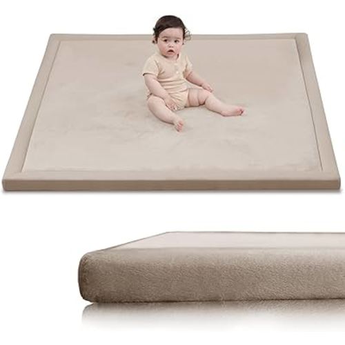 Huloo Sleep Baby Play Mat for Floor,1.3" Thick Elasti-Foam 50x50 Playpen Mat for Toddlers Infant Kids,Water-Repellent Soft Coral Velvet Tummy Time Mat,Non Slip Crawling Mat,Tatami Mat(Beige)