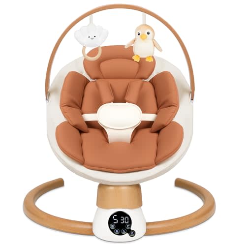 Baby Swings for Infants | Electric Portable Baby Swing with Bluetooth, 5 Swing Speed, 3 Timer Settings, 10 Melodies, 5-Point Harness & Remote Control | Indoor & Outdoor Newborn Swing (Brown)