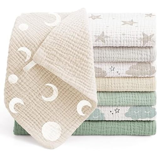 Bearmoss Muslin Burp Cloths 100% Cotton Cloths Baby Burp Cloths Muslin Washcloths Ultra-Absorbent Soft Baby Face Towel Burping Clothes for Newborn Burp Cloths Baby Boys and Girls 20"x10" (GrayGreen)
