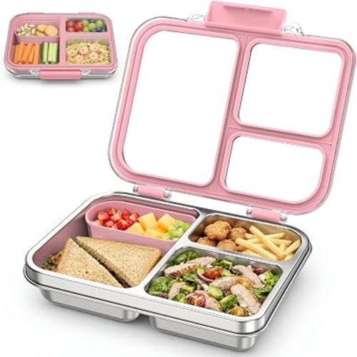 Stainless Steel Bento Box for Kids, 3-Compartment Metal Lunch Box with Clear Lid & Removable Silicone, Lunch Box Kids with Silicone Inner Container for Meal Prep, School, Office (Pink)