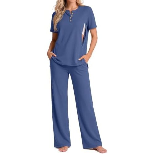 2 Piece Maternity Nursing Set Postpartum Breastfeeding Short Sleeve Zipper Shirts Wide Leg Pants Pregnancy Clothes