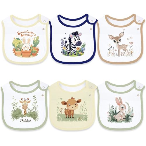 6 Pack Cotton Baby Bibs for Girls Boys with Waterproof layer for Drooling Eating teething with Snaps