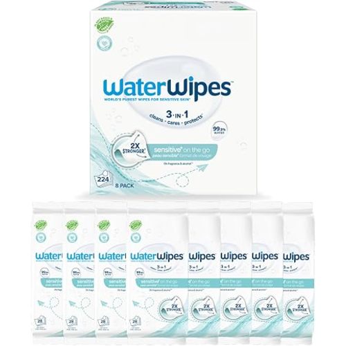 WaterWipes Sensitive+ On The Go Wipes, 3-In-1 Cleans, Cares, Protects, 99.9% Water, Unscented & Hypoallergenic Wet Wipes, 224 Count (8 Packs)
