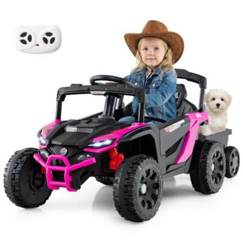 Costway 12V Kids Ride On UTV with Detachable Trailer, Remote Control, 3 Speeds, LED Lights Black + Pink