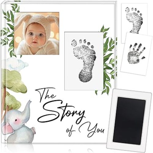 Baby Memory Book and Pregnancy Journal, Baby Book Keepsake with Clean-Touch Ink Pad for Newborn Hand and Footprints, Simple and Elegant Design, A Great Gift for Baby Showers and New Moms