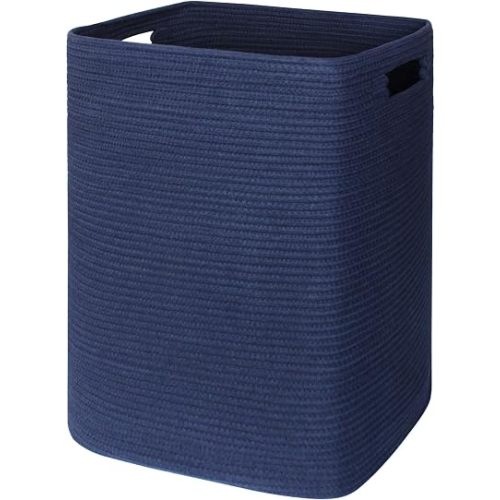 MEGASKET Large Laundry Hamper 16"x13"x22" - Tall Woven Baby Laundry Basket, Cotton Rope Dirty Clothes Hamper Bin, Blanket Storage for Living Room, Nursery Bedroom Aesthetic, Soft Dark Blue Hamper, 75L