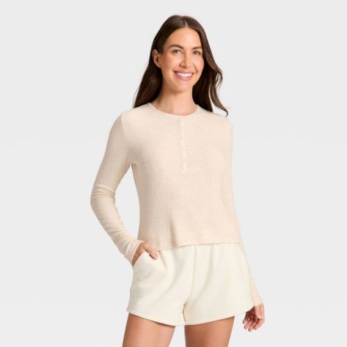 Women's Cozy Ribbed Long Sleeve Henley Pullover - Auden™ Oatmeal XL