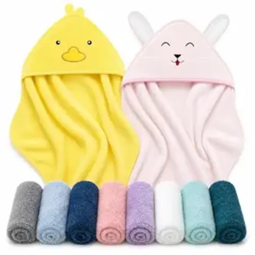 Cute Castle 2 Pack Hooded Baby Towel Rayon Made from Bamboo with 8 Washcloths - Soft Bath Towel for Bathtub for Babie, Newborn, Infant, Natural Baby Stuff Towel (Duck and Rabbit)
