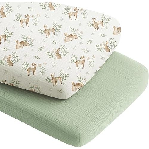 Konssy 2 Pack Muslin Bassinet Sheets for Boys, Girls, 100% Cotton Soft Breathable Fitted Bassinet Mattress Sheet, 33 x 21 inches (Woodland,Sage)