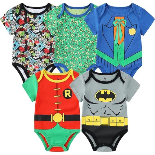 WARNER BROS Batman Robin Joker and Riddler Baby Boys 5 Pack Bodysuit for Newborn and Infant
