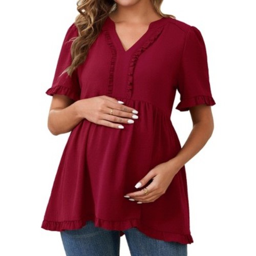 INSPIRE CHIC Women's Maternity Tops Boho Ruffled Notched Neck Short Sleeve Shirts Flowy Blouses Small Dark Red