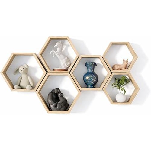 Hexagon Floating Shelves Set of 6 Honeycomb Shelves for Wall, Wooden Hexagon Shelves for Farmhouse Storage. (Natural Wood)