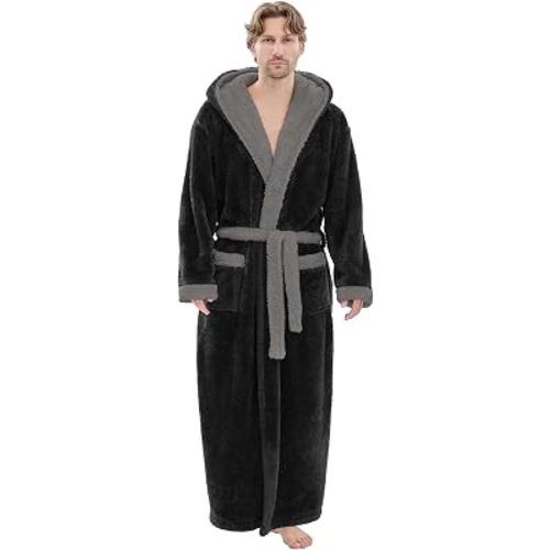 PJGGZ Mens Plush Robes Full Length, Big and Tall Fleece Hooded Bathrobe Warm Fluffy Cozy Winter Housecoat Floor Length