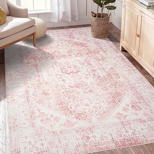 5x7 Washable Pink Area Rug, Upgraded Denser Surface Vintage Rugs, Honeycomb Non-Slip Backing Living Room Rug, Easy Care Foldable Rugs for Living Room Bedroom Kitchen Dinning Room Home Office