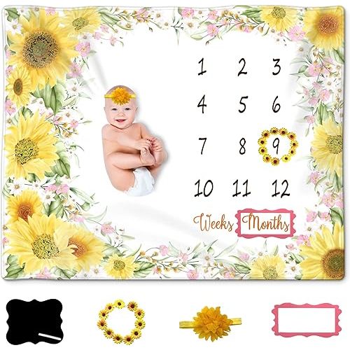 Baby Monthly Milestone Blanket Girl, Boy - Sunflower Milestone for Baby Girl Includes Wreath, Headband and Frame, Month Blanket Floral Nursery Decor 50x40