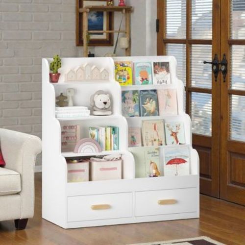 Mshliw Kids Bookshelf with 2 Storage Drawers, Front-Facing Children’s Bookcase and Toy Organizer for Playroom Bedroom Nursery, Storage Cabinet