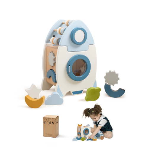 Wooden Sensory Activity Cube, Montessori Space Toy for Babies & Toddlers, Rocket-Shaped Learning Game, Perfect 1st Birthday Gift for Boys & Girls