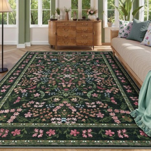 Washable Area Rug, 8x10 Boho Floral Soft Rugs for Living Room, Non Slip Low Pile Carpet for Bedroom, Dining Room, Nursery, Hallway, Green