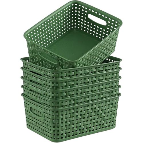 Plastic Woven Storage Baskets, Plastic Storage Baskets for Organizing, Deep Green, 6 Packs