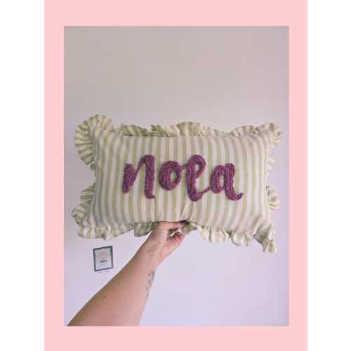 Personalized Hand Embroidered Name Cushion: Green Ruffle Stripe Nursery Decor