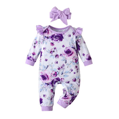 Newborn Infant Baby Boy Girl Long Sleeve Romper Clothes Floral Printed One Piece Jumpsuit with Headband Outfits (3-6 Months, Purple)