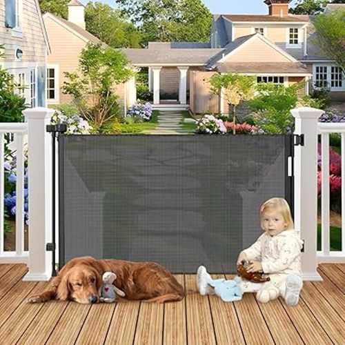 100" Wide Weatherproof Outdoor Retractable Baby Gates for Decks with No Rust Screws and Rods, Waterproof 8 Ft Extra Wide Baby Gate for Large Opening, Scratch-Resistant Mesh Retractable Dog Gate, Black