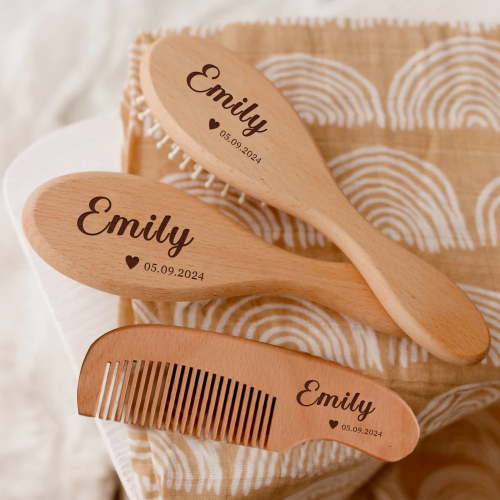 Personalized Natural Wooden Baby Hairbrush and Comb Set, 3Pcs Cradle Cap Brush for Newborns Girls Boys Toddler Baby Grooming Kit