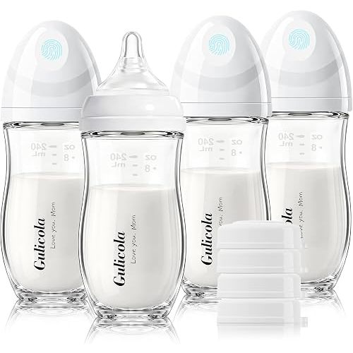 Gulicola Natural Glass Baby Bottle 8 oz for Breastfed Babies, Anti-Colic Baby Bottle Set with Medium Flow Nipple, 3 Months +, 4 Pack - White