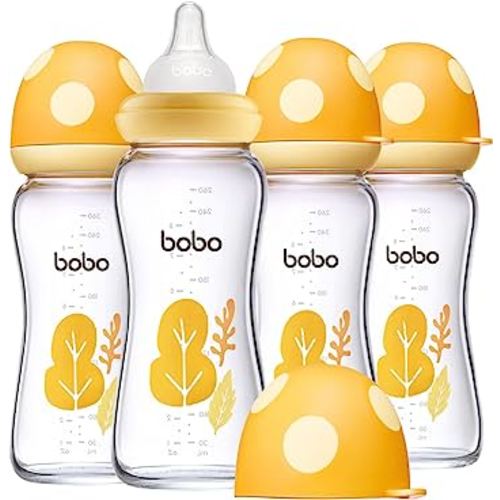 YOHKOH Natural Glass Baby Bottle with Level 2 Medium Flow Nipple, Newborn Anti-Colic Baby Bottles, Wide Neck Mushroom Baby Glass Bottle (Yellow, (8.8oz (Pack of 4))
