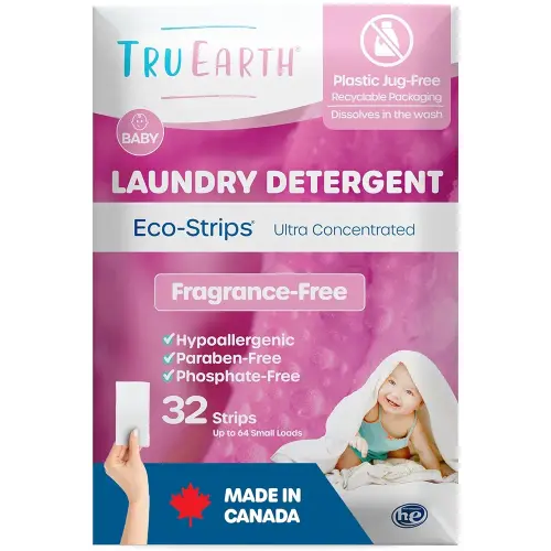 Tru Earth Baby Laundry Detergent Sheets/Eco-Strips for Sensitive Skin, 32 Count, Up to 64 Loads: Fragrance Free Detergent for Newborn, Infants, Toddlers, Children, Baby Clothes