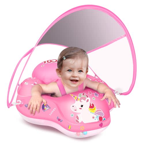 LAYCOL Baby Pool Float with Canopy UPF50+, 5 Point Safety Buckle No Flip Over, Inflatable Toddler Floaties Infant Pool Floats with Double Air Chambers, Baby Beach Essentials/Traval for 3-36M