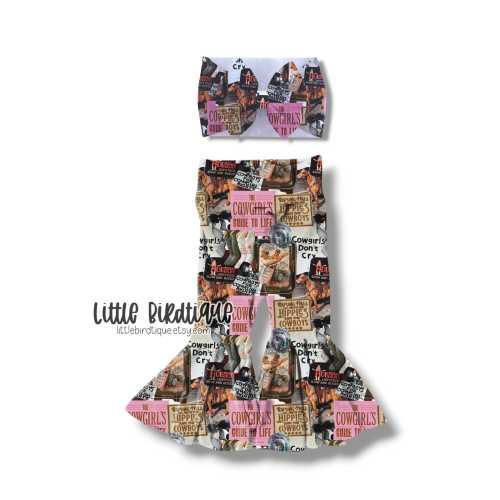 Cowgirls Don't Cry Western Newborn Baby Infant Toddler Bow Headwrap Top Knot Messy Wrap Rose Knot Bummies Bell Bottoms Separates